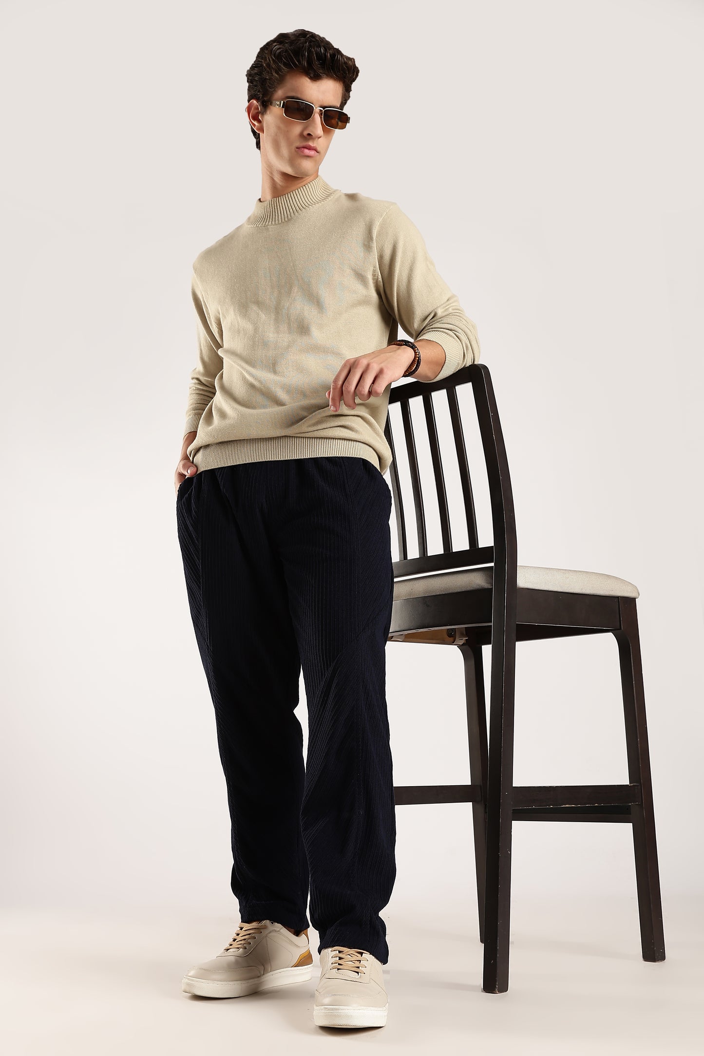 Textured Loose Fit Drawcord Trousers Navy