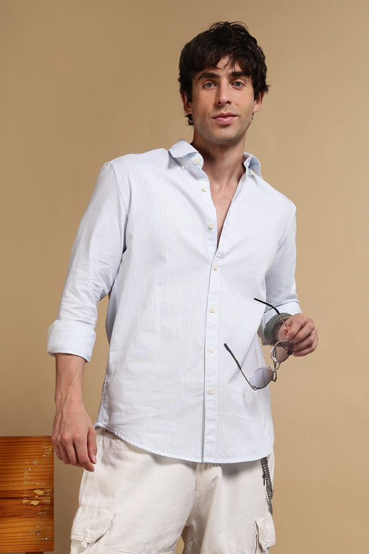 100% Cotton Oxford Slim Fit Striped Shirt Sky Blue
