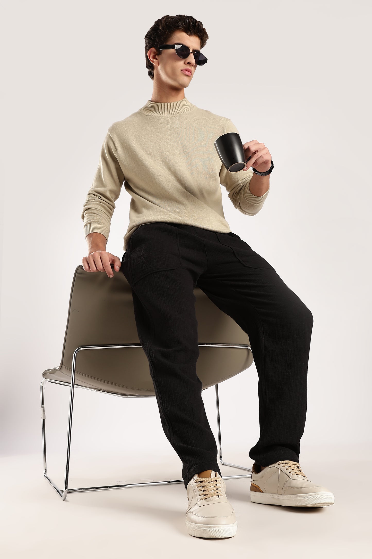 100% Cotton Double Cloth Drawcord Trousers Black