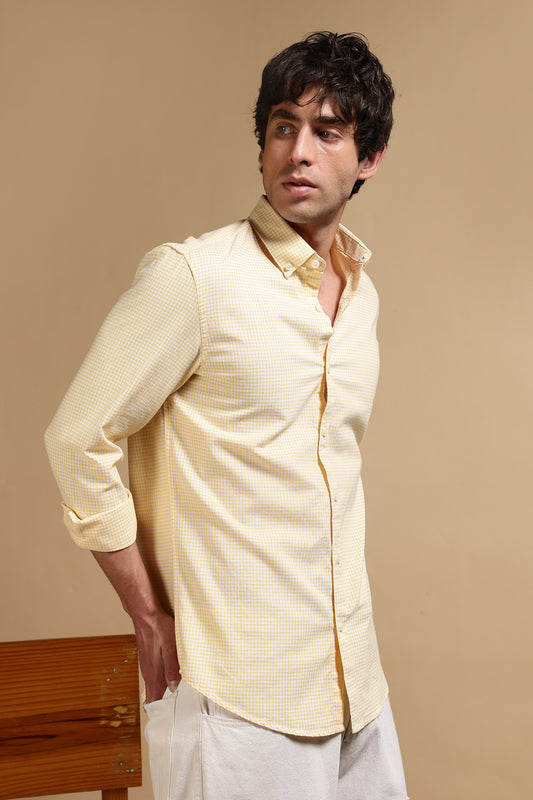 Cotton Oxford Slim Fit Mini Checks Shirt Yellow