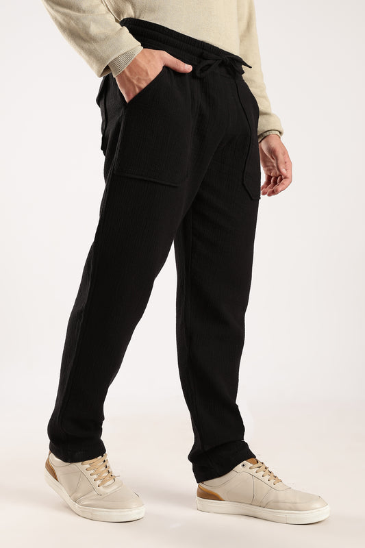 100% Cotton Double Cloth Drawcord Trousers Black