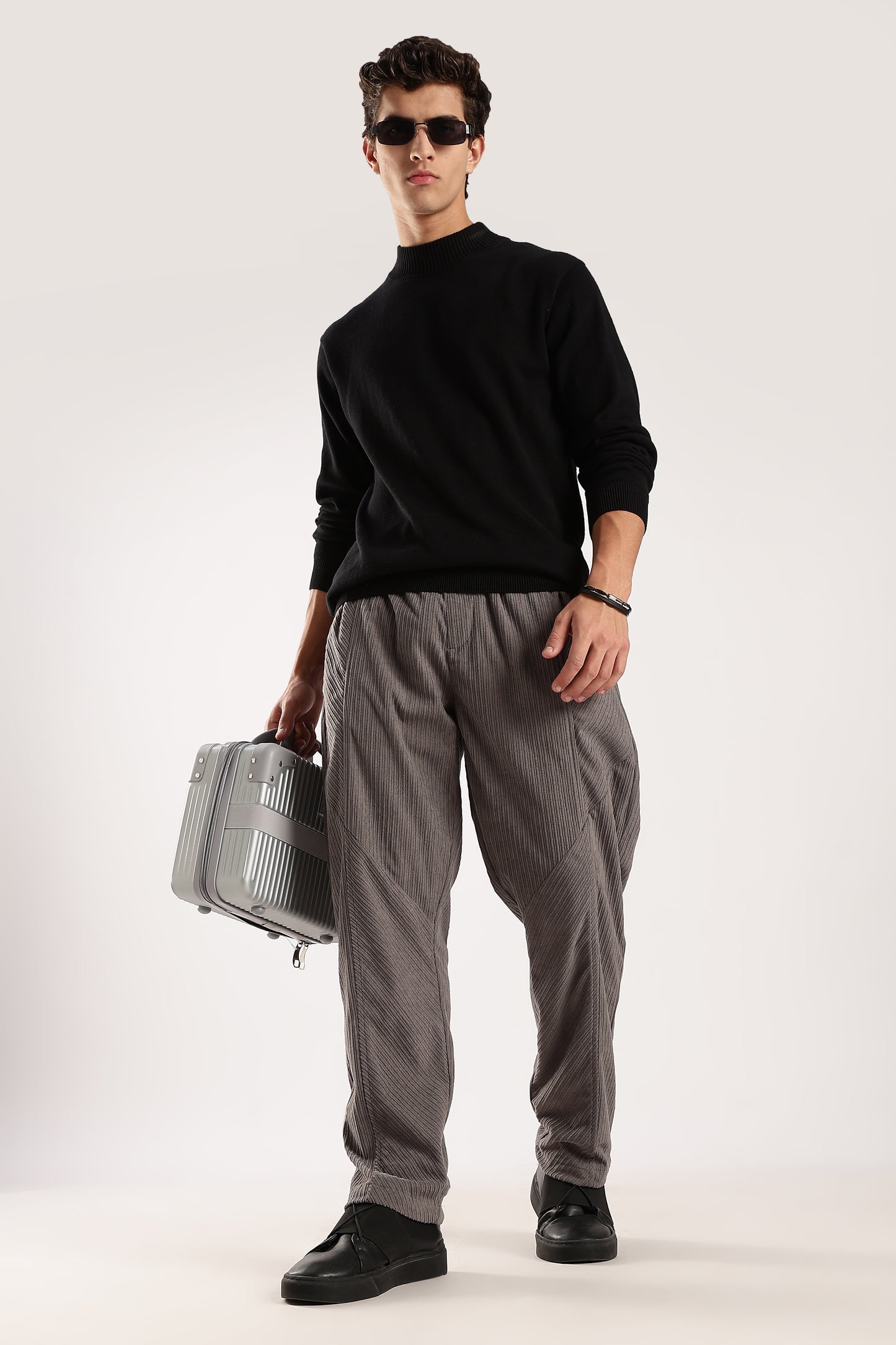 Textured Loose Fit Drawcord Trousers Grey