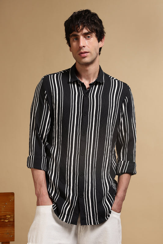 White & Black Slim Fit Striped Shirt Black