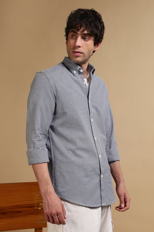 Slim Fit Mini Checks Shirt Dk Blue