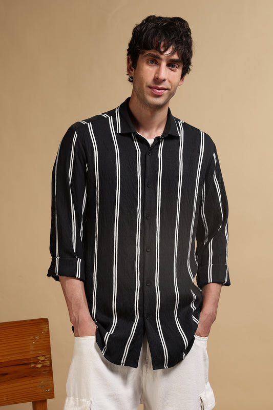 White & Black Slim Fit Striped Shirt Black