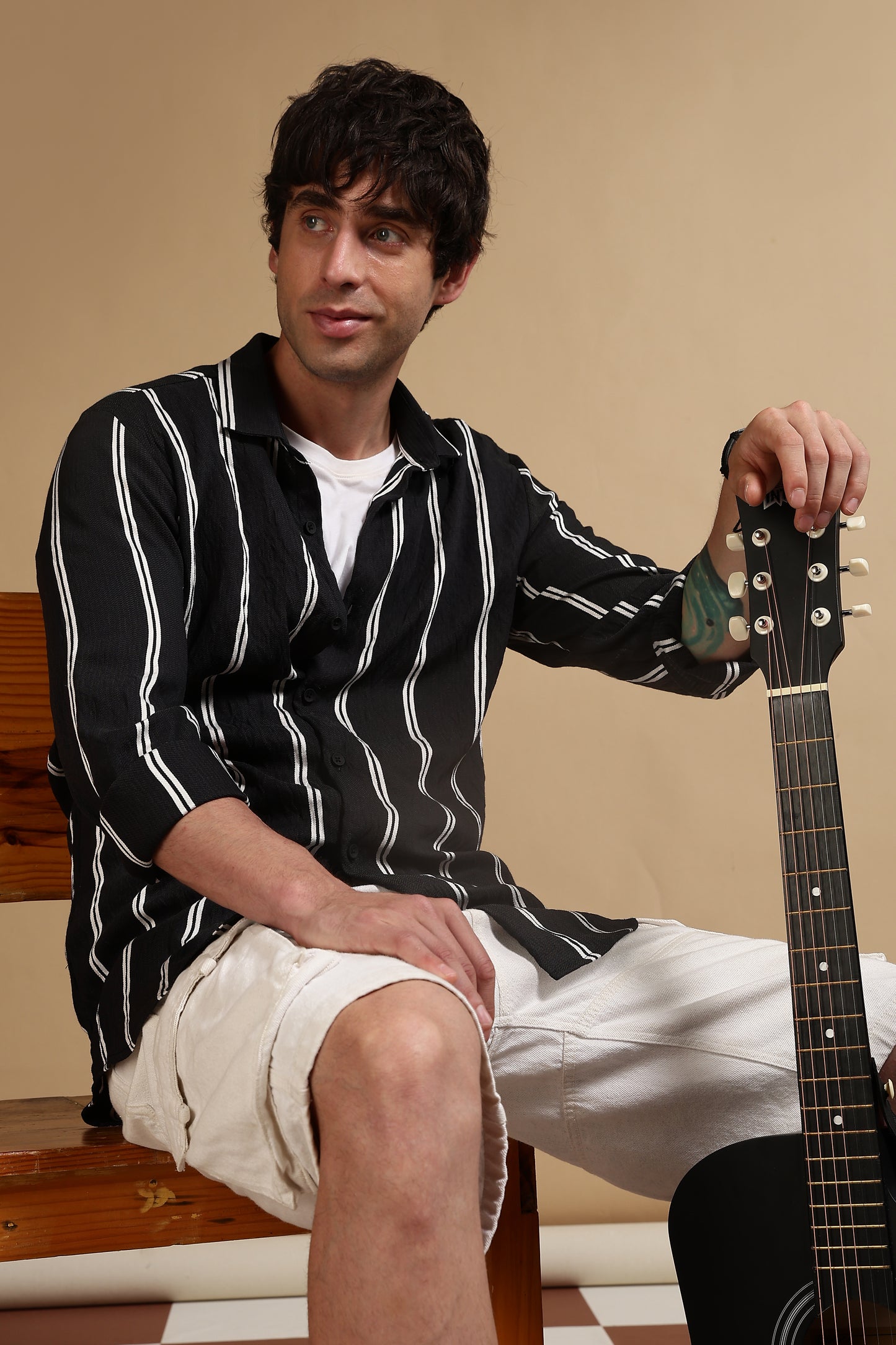 White & Black Slim Fit Striped Shirt Black