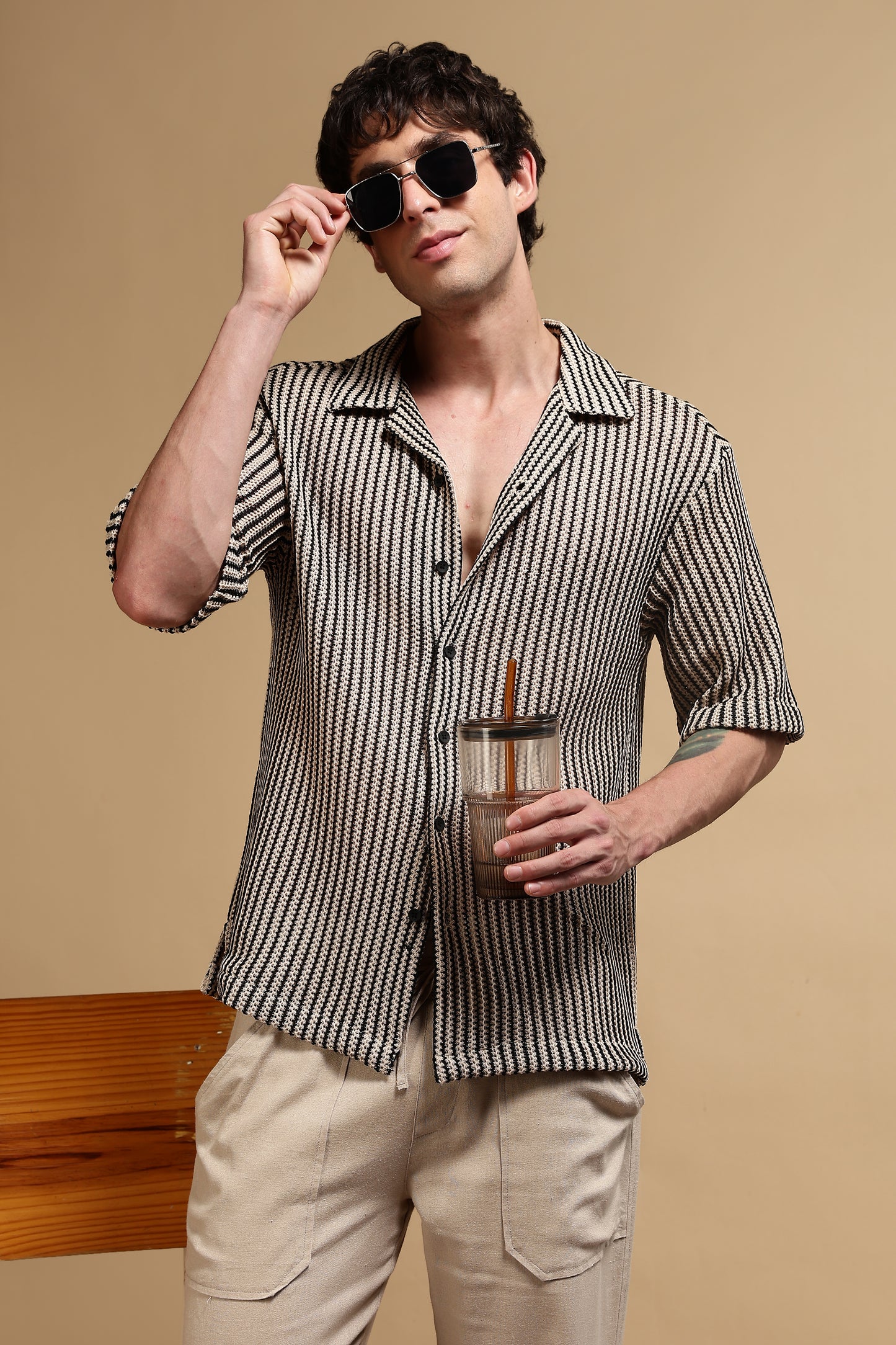 Polyester Relaxed Fit Self-Designed Shirt Cream