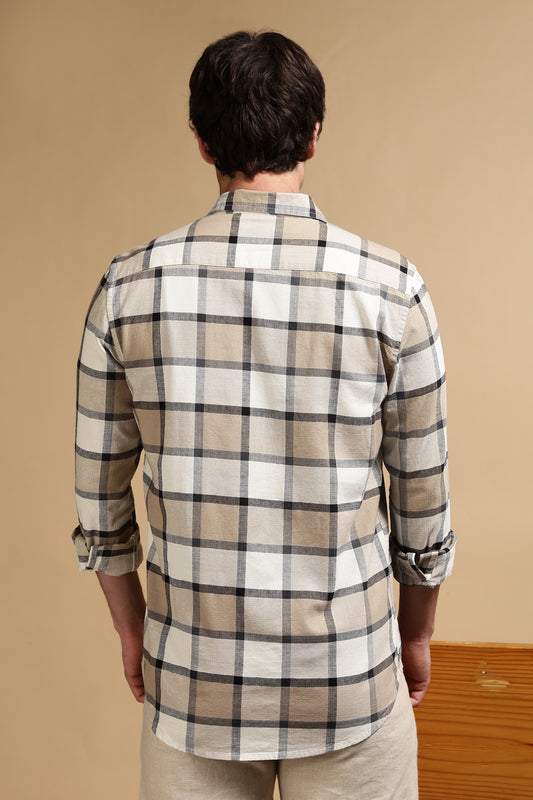 Slim Fit Cotton Check Shirt Cream