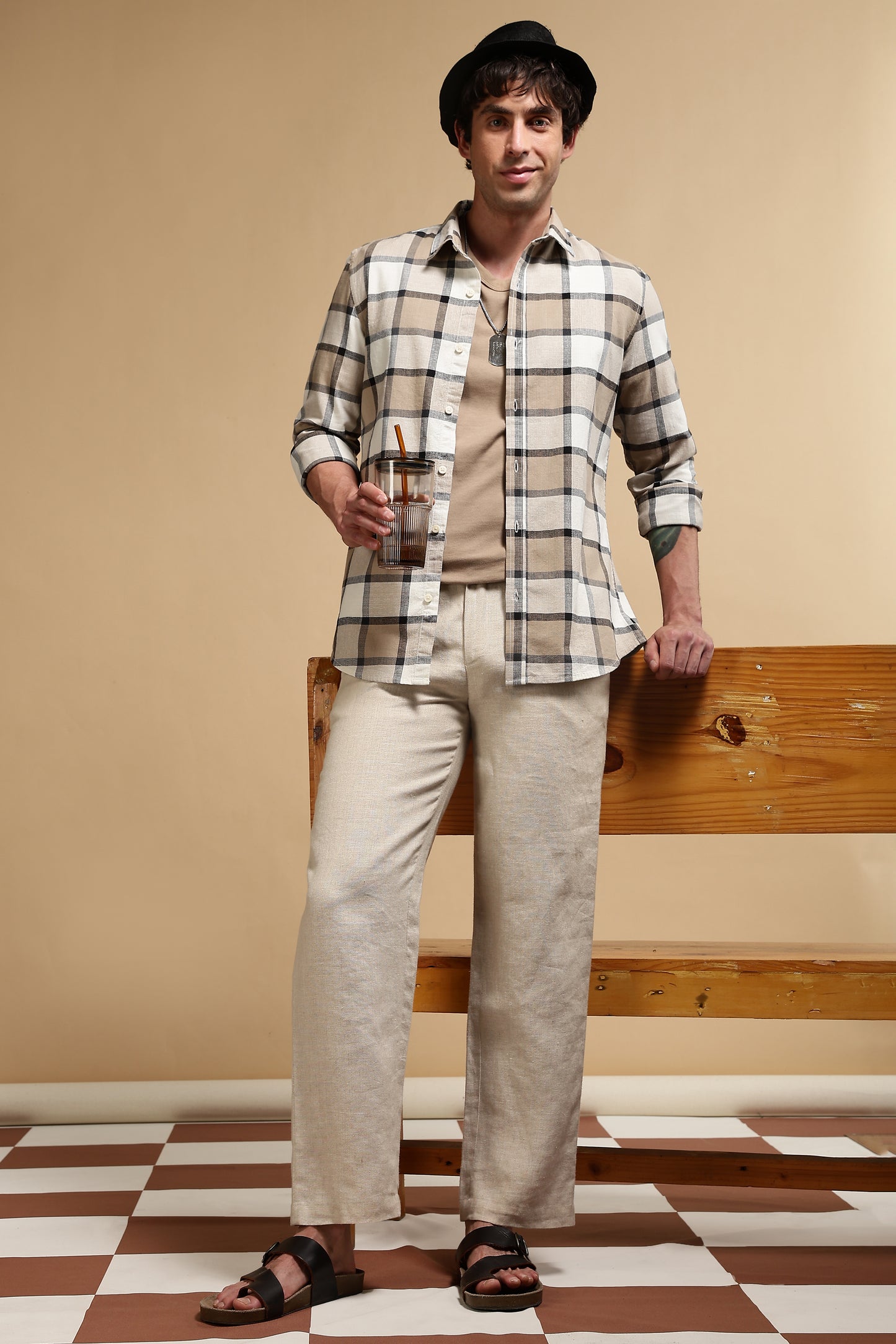 Slim Fit Cotton Check Shirt Cream