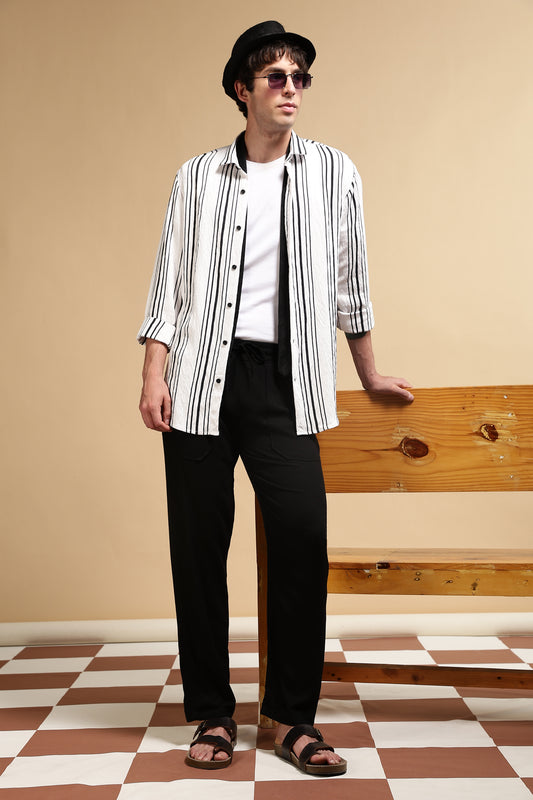 Linen Blend Loose Fit Drawcord Trousers Black