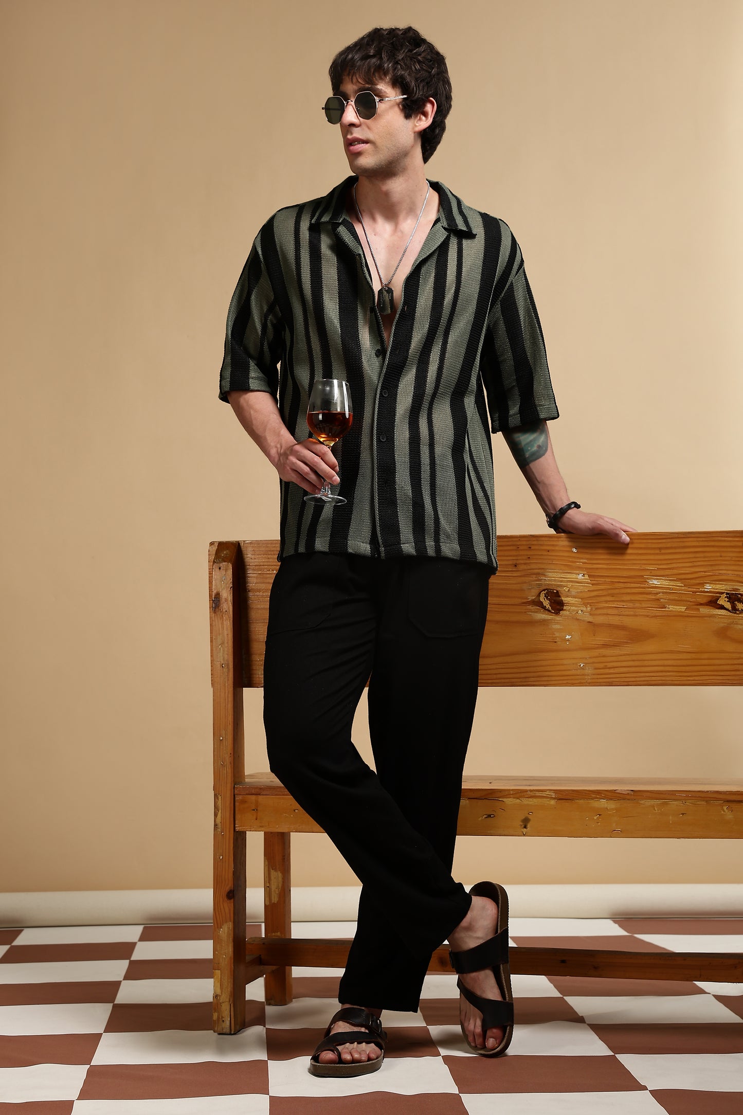 Relaxed Fit Striped Shirt Green