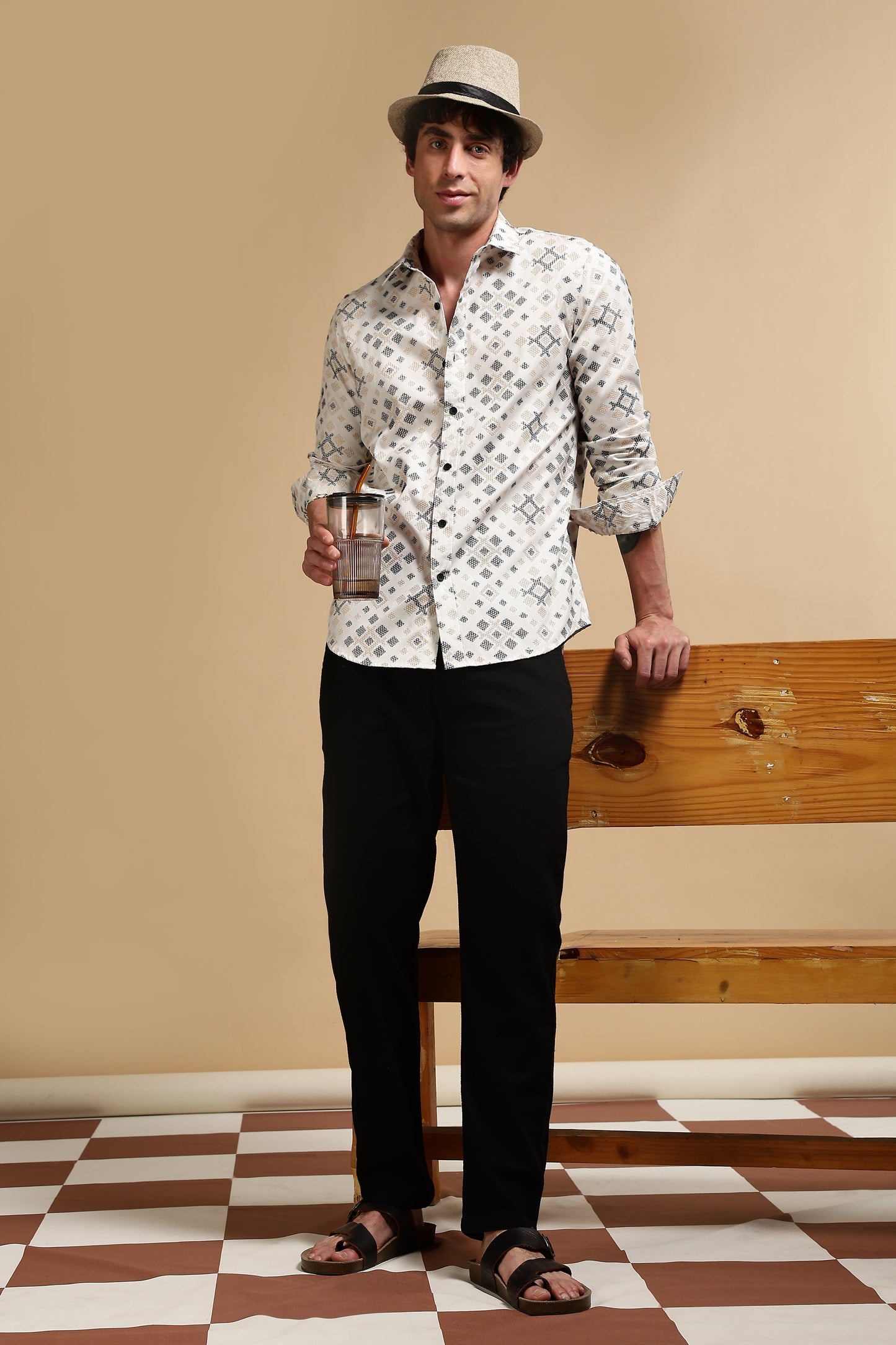 Cotton Slim Fit Self-Designed Shirt Black