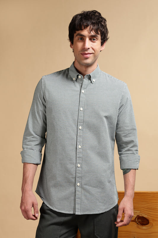 Cotton Oxford Slim Fit Mini Checks Shirt Green