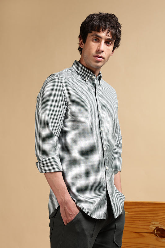 Cotton Oxford Slim Fit Mini Checks Shirt Green