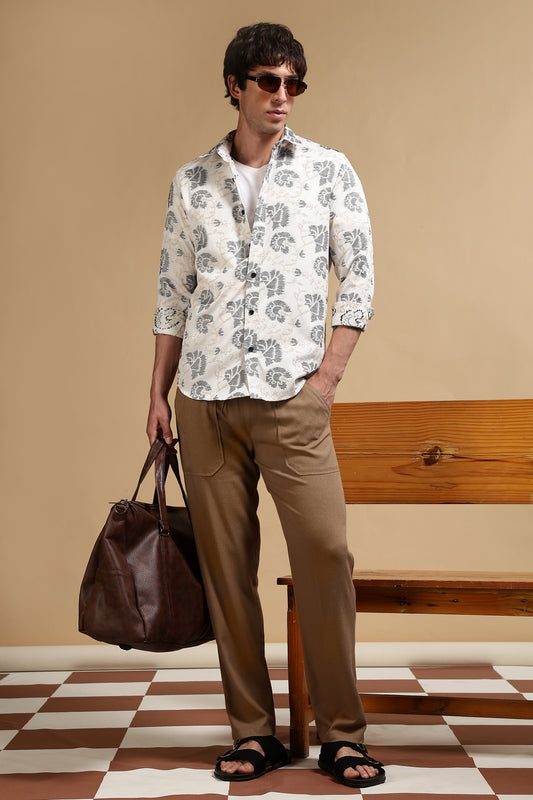 Linen Blend Loose Fit Drawcord Trousers Khaki