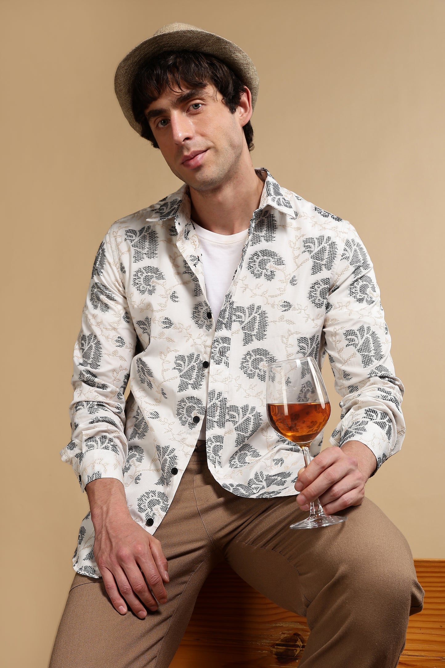 Cotton Slim Fit Self-Designed Shirt White