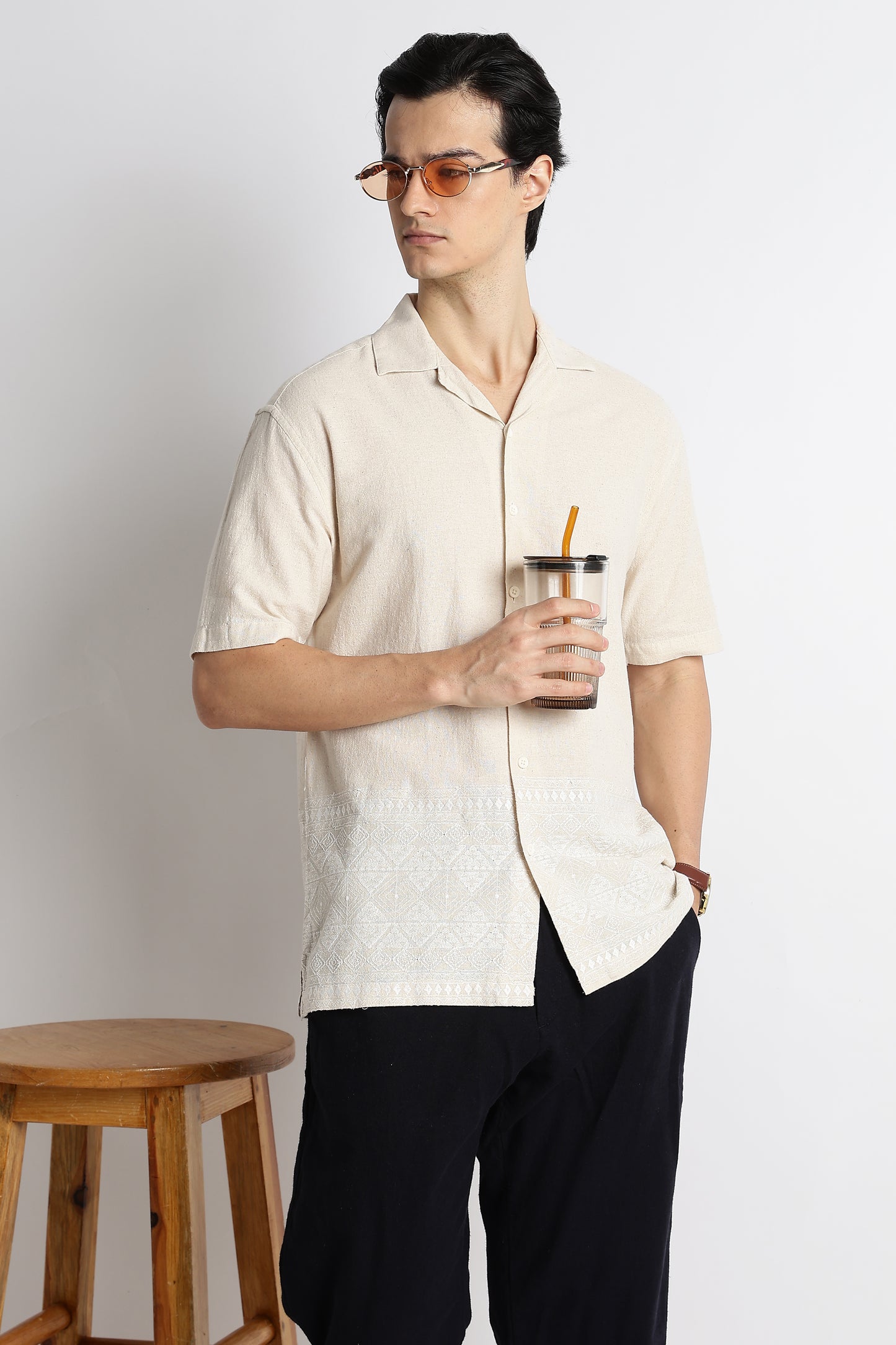 Casual Cotton Cuban Collar Shirt Cream