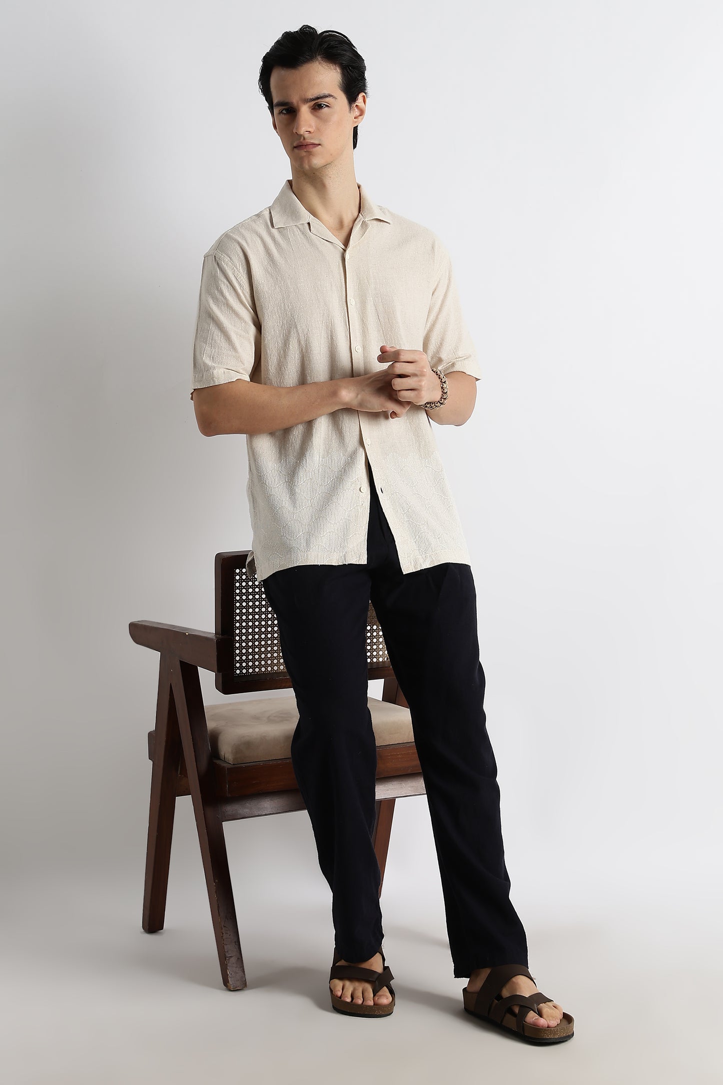 Casual Cotton Cuban Collar Shirt Cream