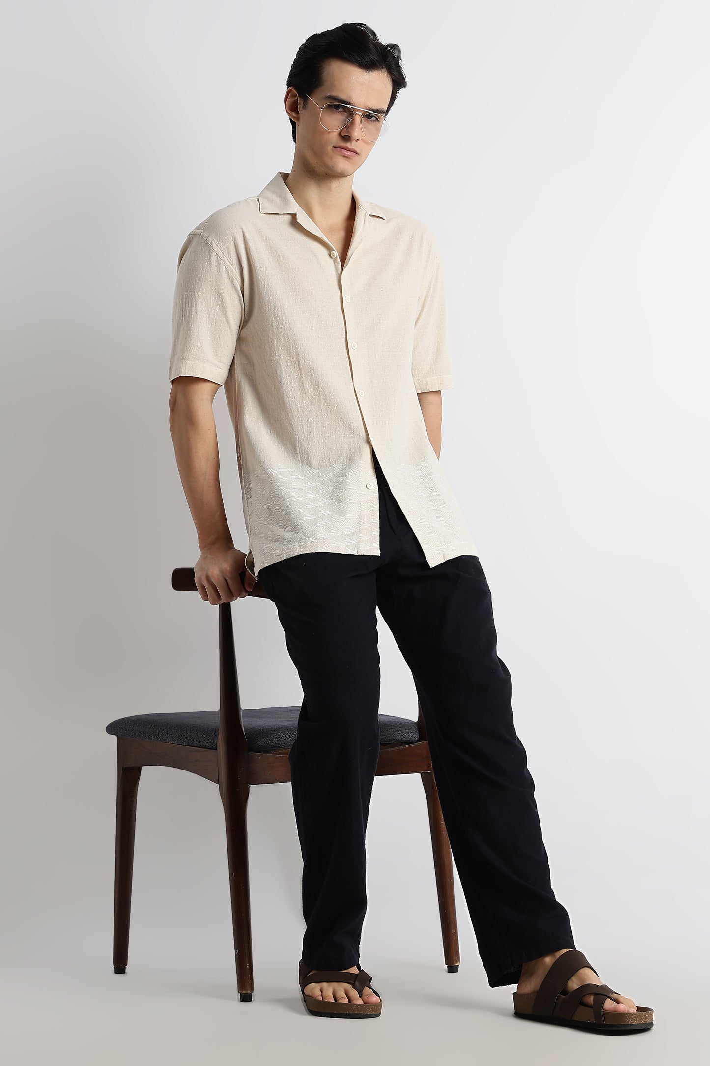 Casual Cotton Cuban Collar Shirt Cream