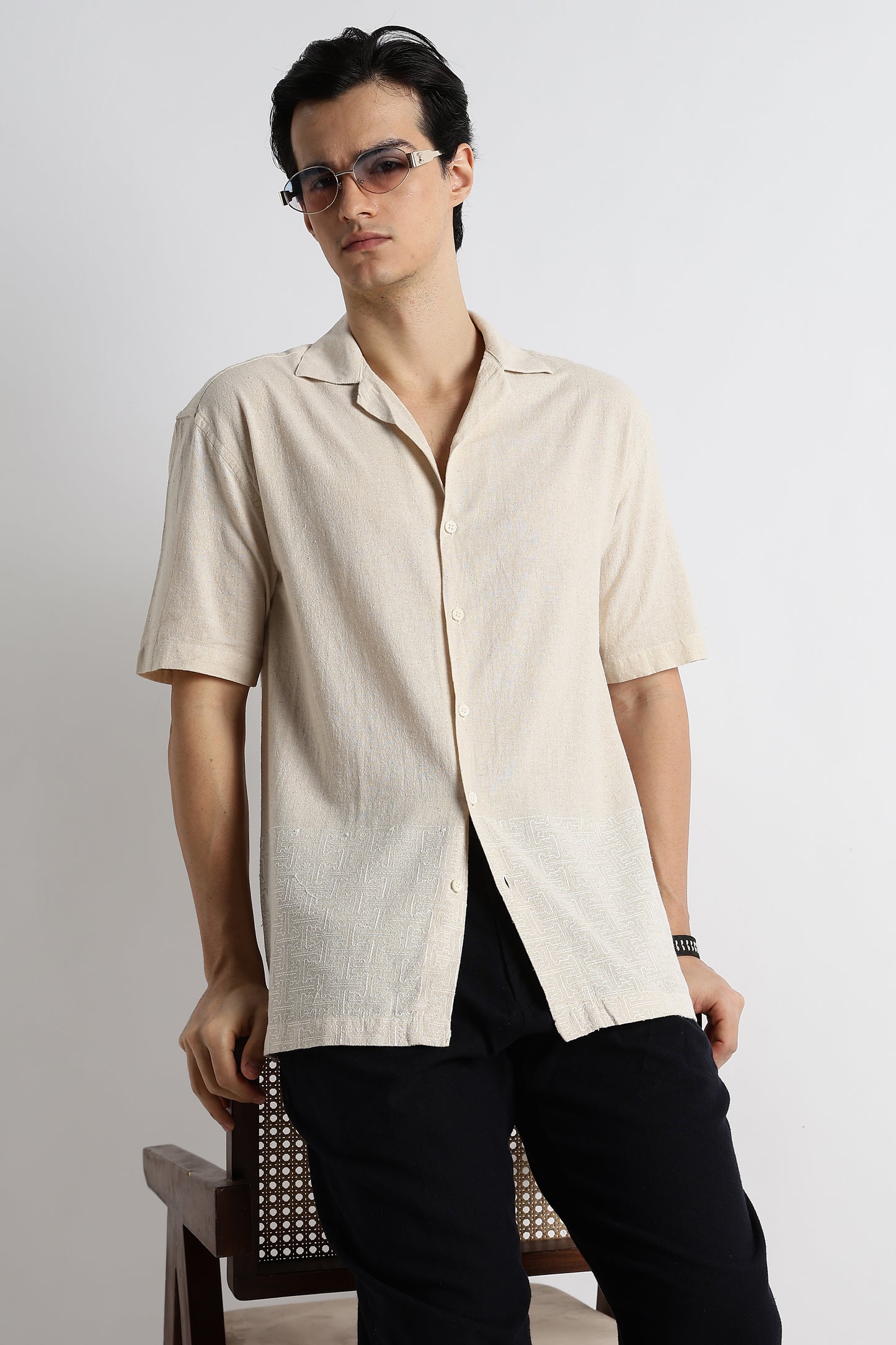 Casual Cotton Cuban Collar Shirt Cream