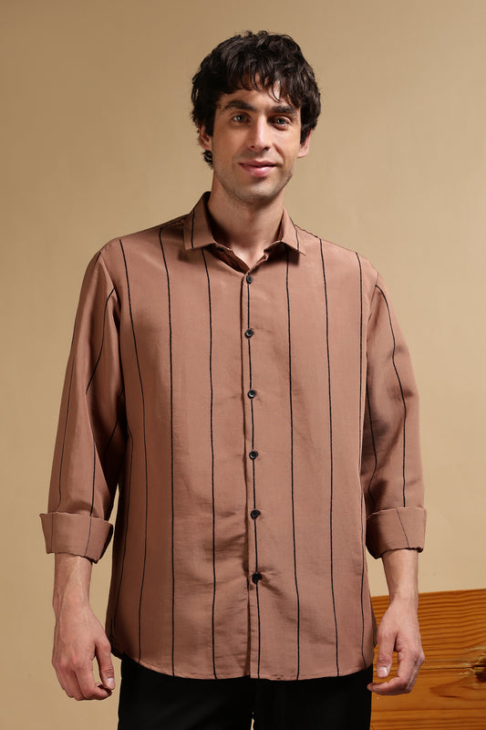 Nylon Slim Fit Striped Shirt Brown