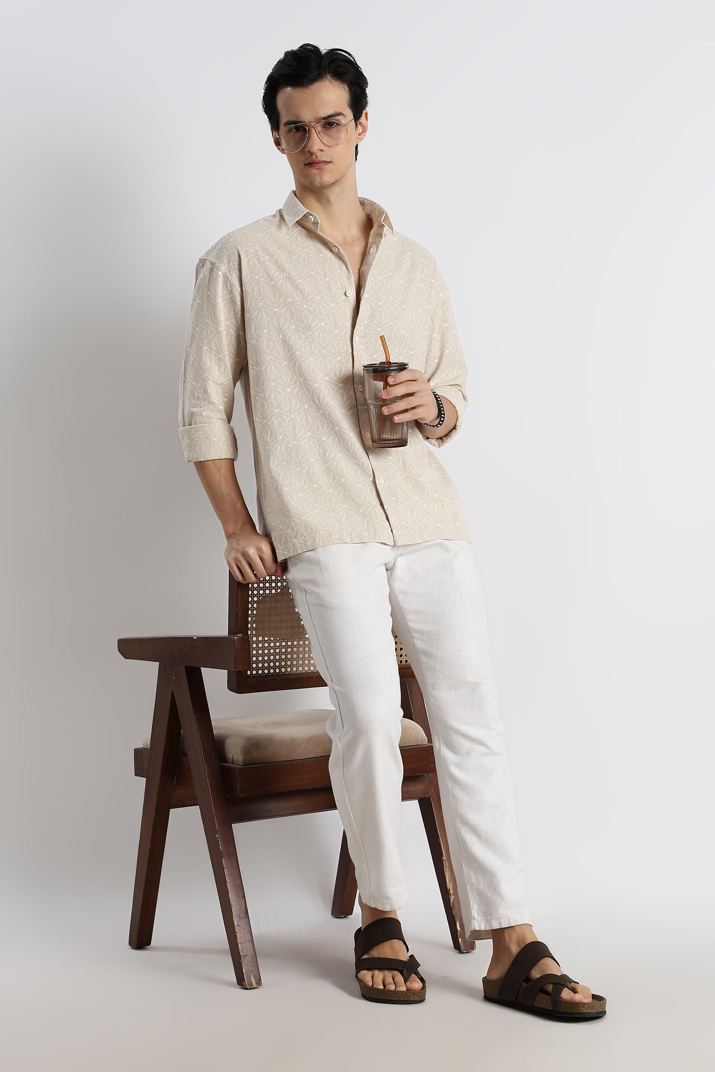 Natural Embroidered Cotton Shirt Cream