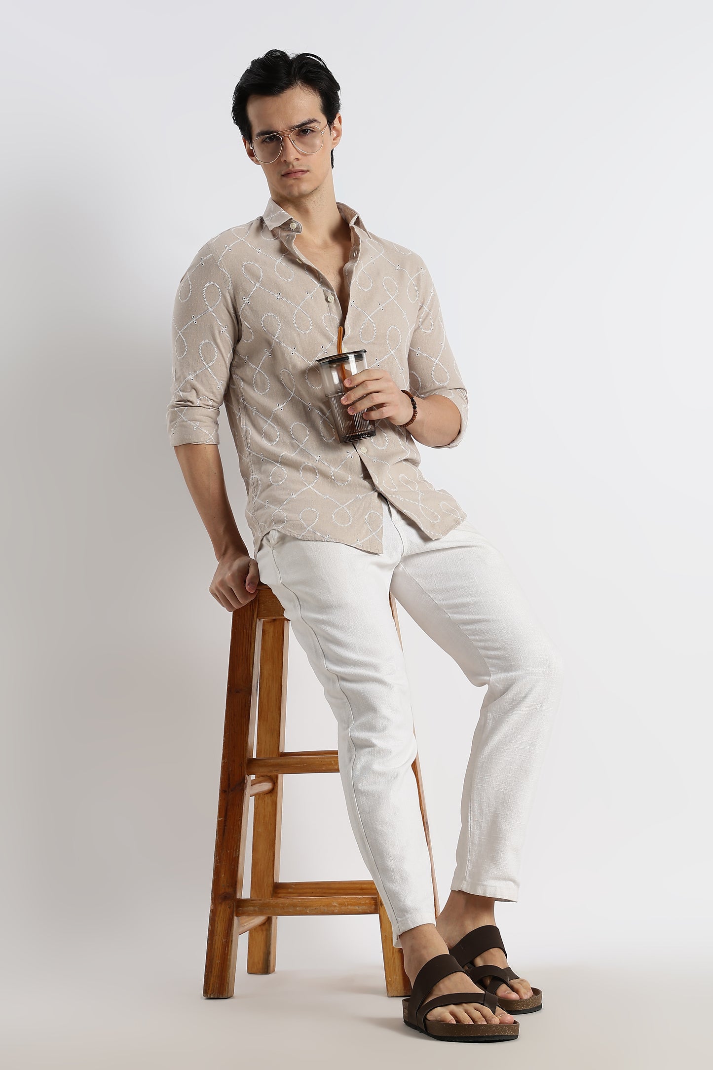 Embroidered Cotton-Linen Shirt Cream