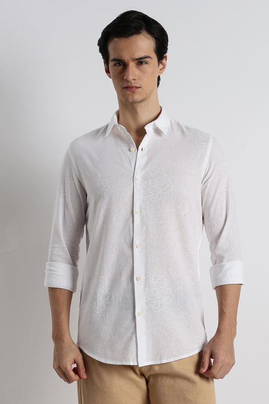 Floral Dot-Print Cotton Shirt White