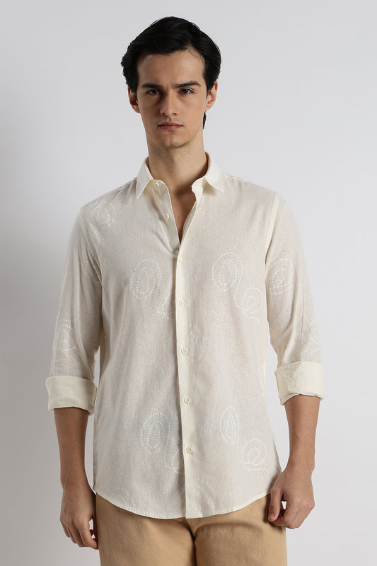 Dotted Swirl Printed Cotton Linen Shirt Off White