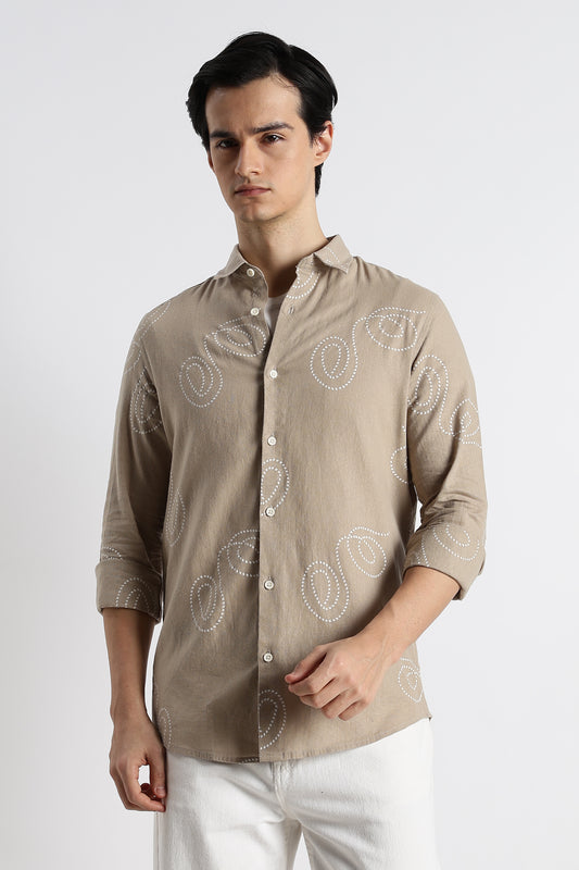 Dotted Swirl Printed Cotton Linen Shirt Beige