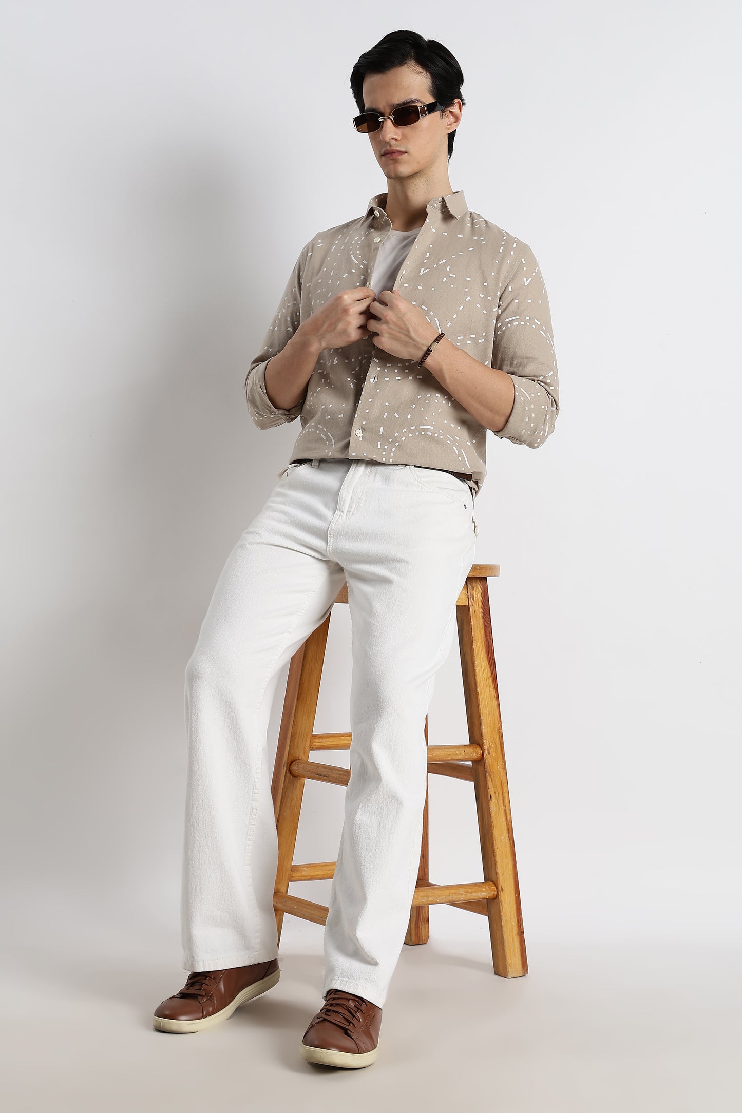 Abstract Geo-Print Shirt in Cotton Linen Beige