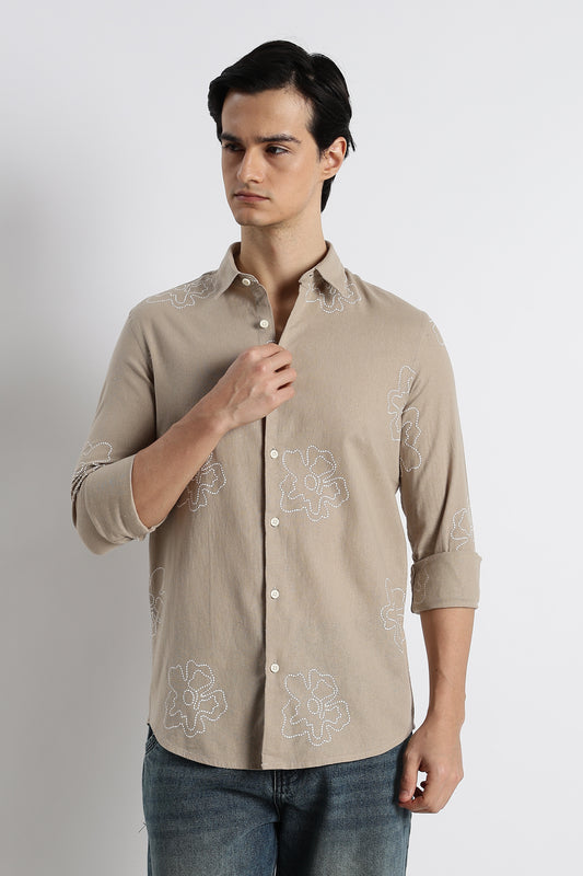 Floral Dot-Print Cotton Shirt Beige