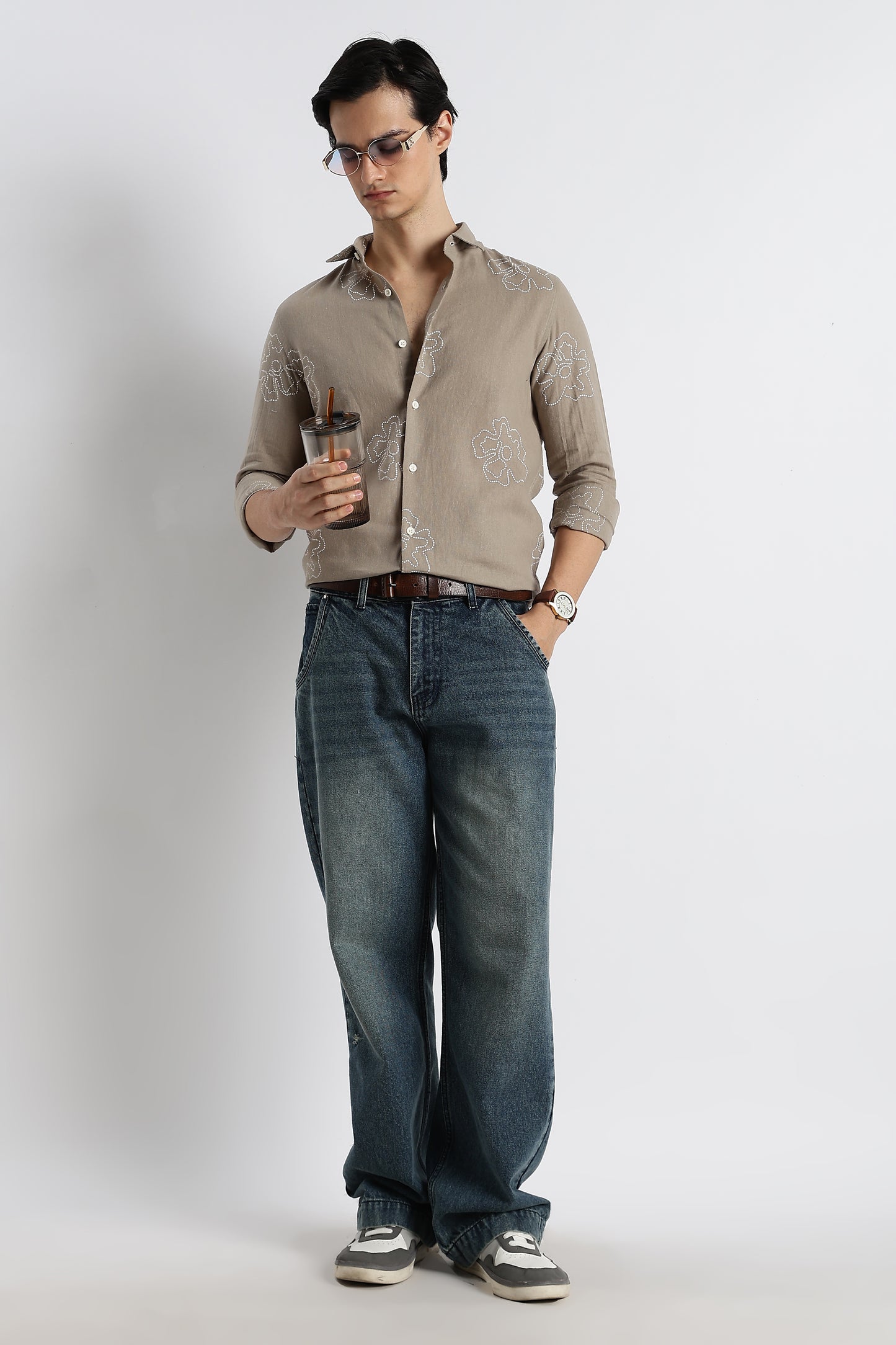 Floral Dot-Print Shirt Grey