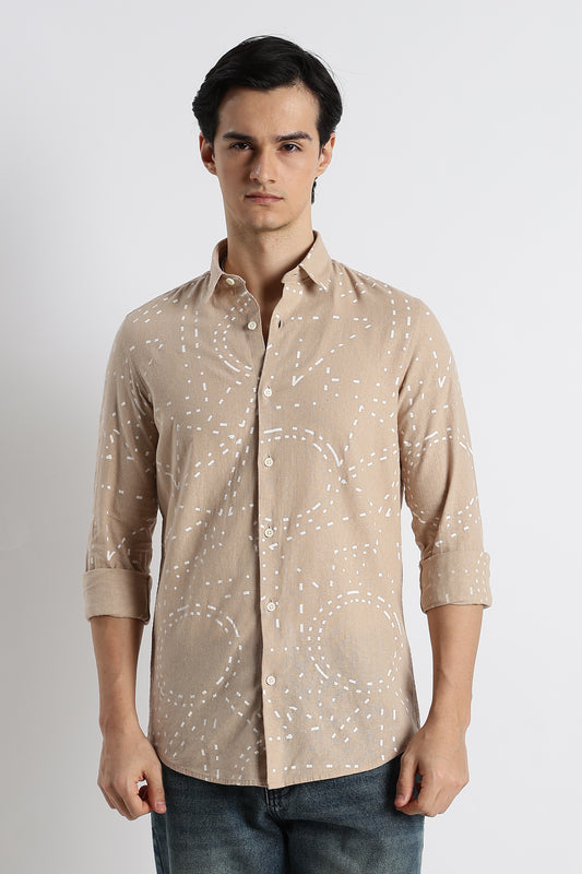 Abstract Geo-Print Shirt in Cotton Linen Cream
