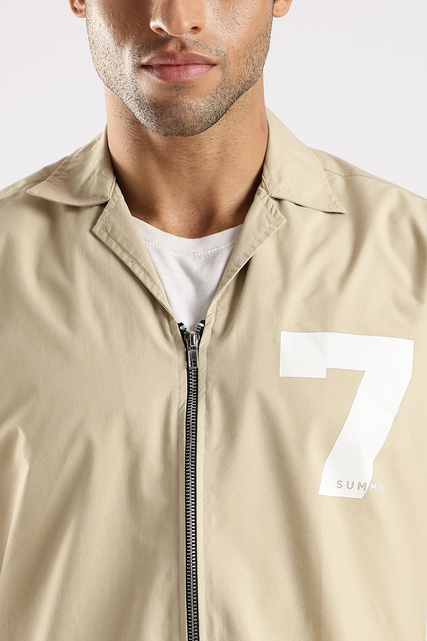 Cotton Slim Fit Zip-Up Shirt Cream