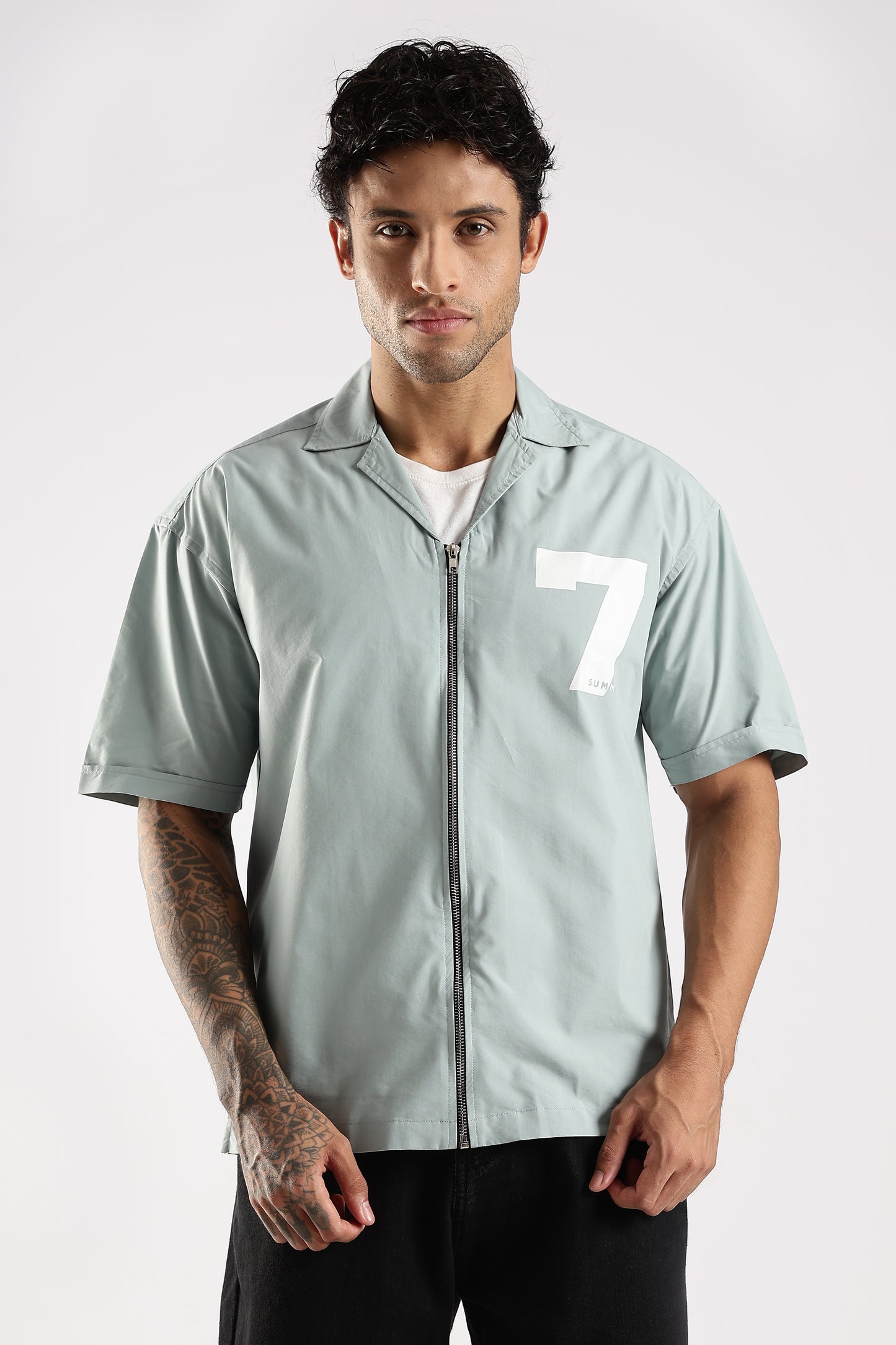 Cotton Slim Fit Zip-Up Shirt Lt Green