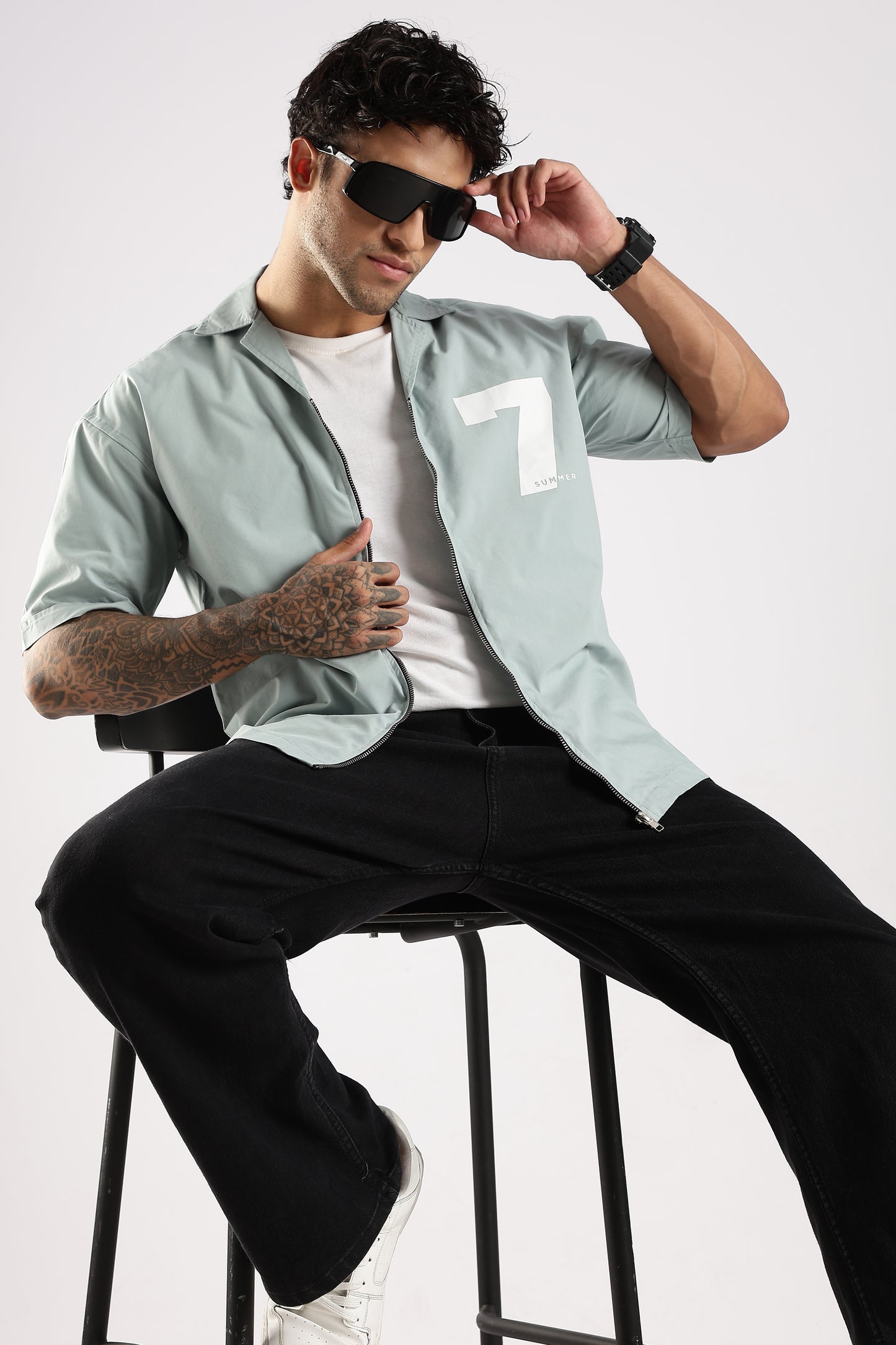 Cotton Slim Fit Zip-Up Shirt Lt Green