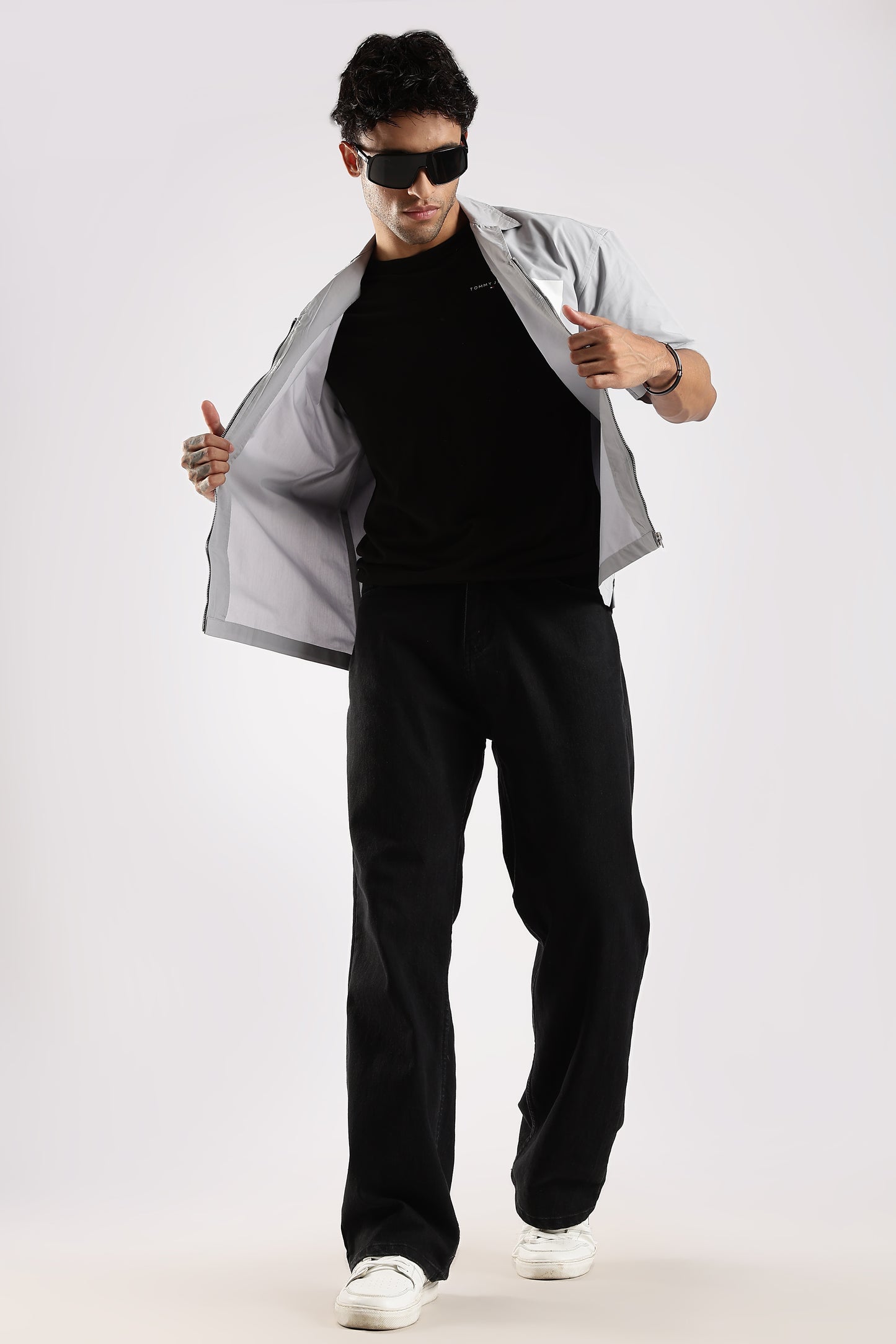 Cotton Slim Fit Zip-Up Shirt Grey