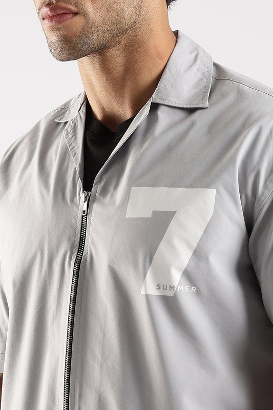 Cotton Slim Fit Zip-Up Shirt Grey