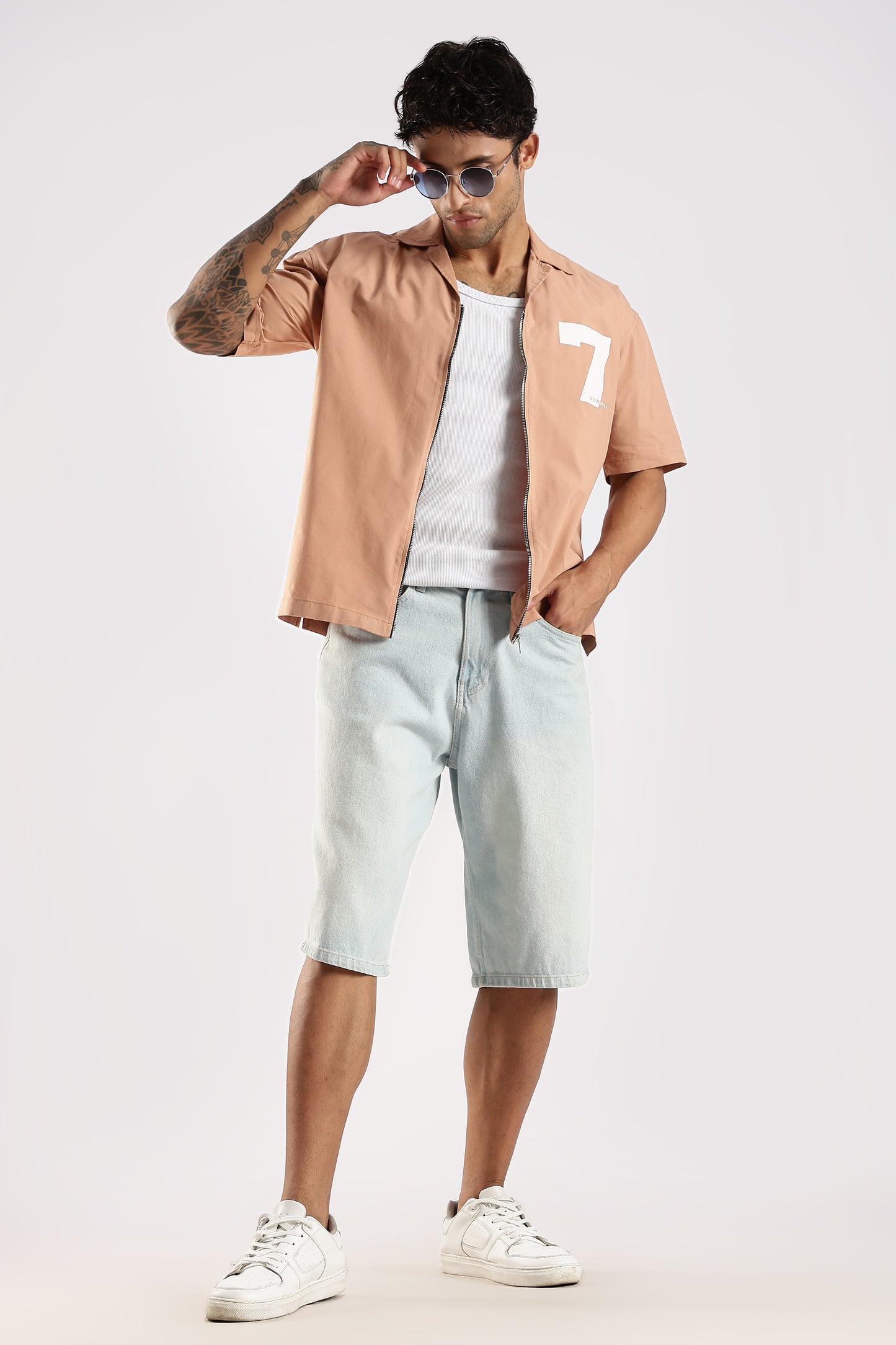 Cotton Slim Fit Zip-Up Shirt Peach