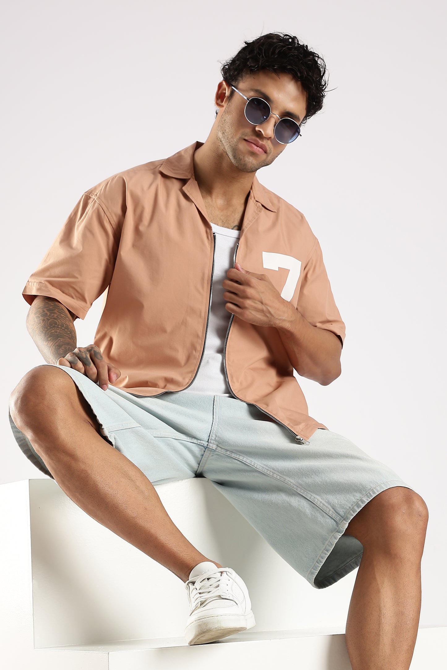 Cotton Slim Fit Zip-Up Shirt Peach