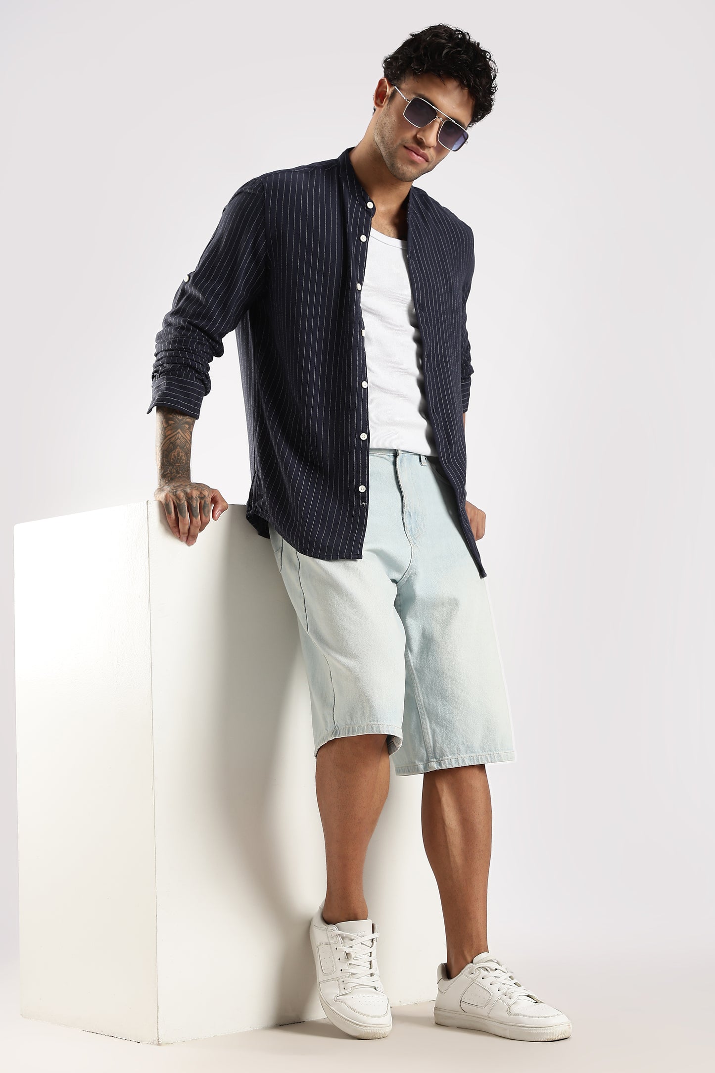 Linen Blend Slim Fit Striped Shirt Navy