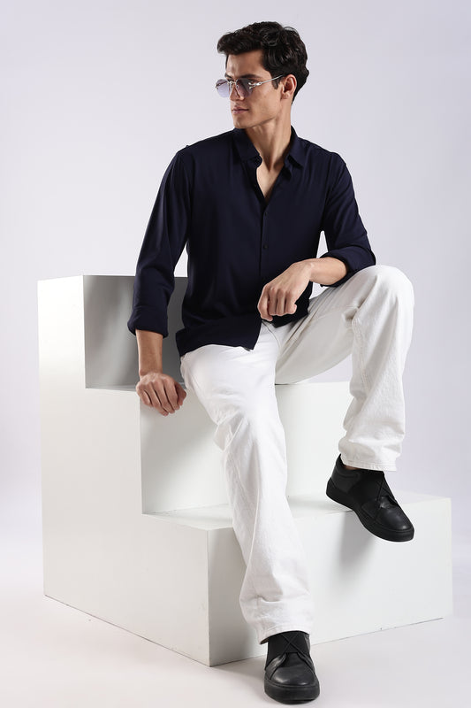 Knitted Tencel Stichless Finish Shirt Navy