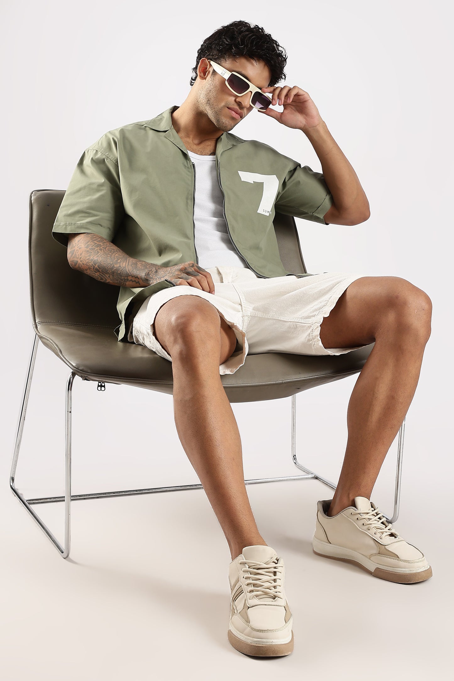 Cotton Slim Fit Zip-Up Shirt Green