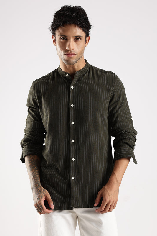 Linen Blend Slim Fit Striped Shirt Green