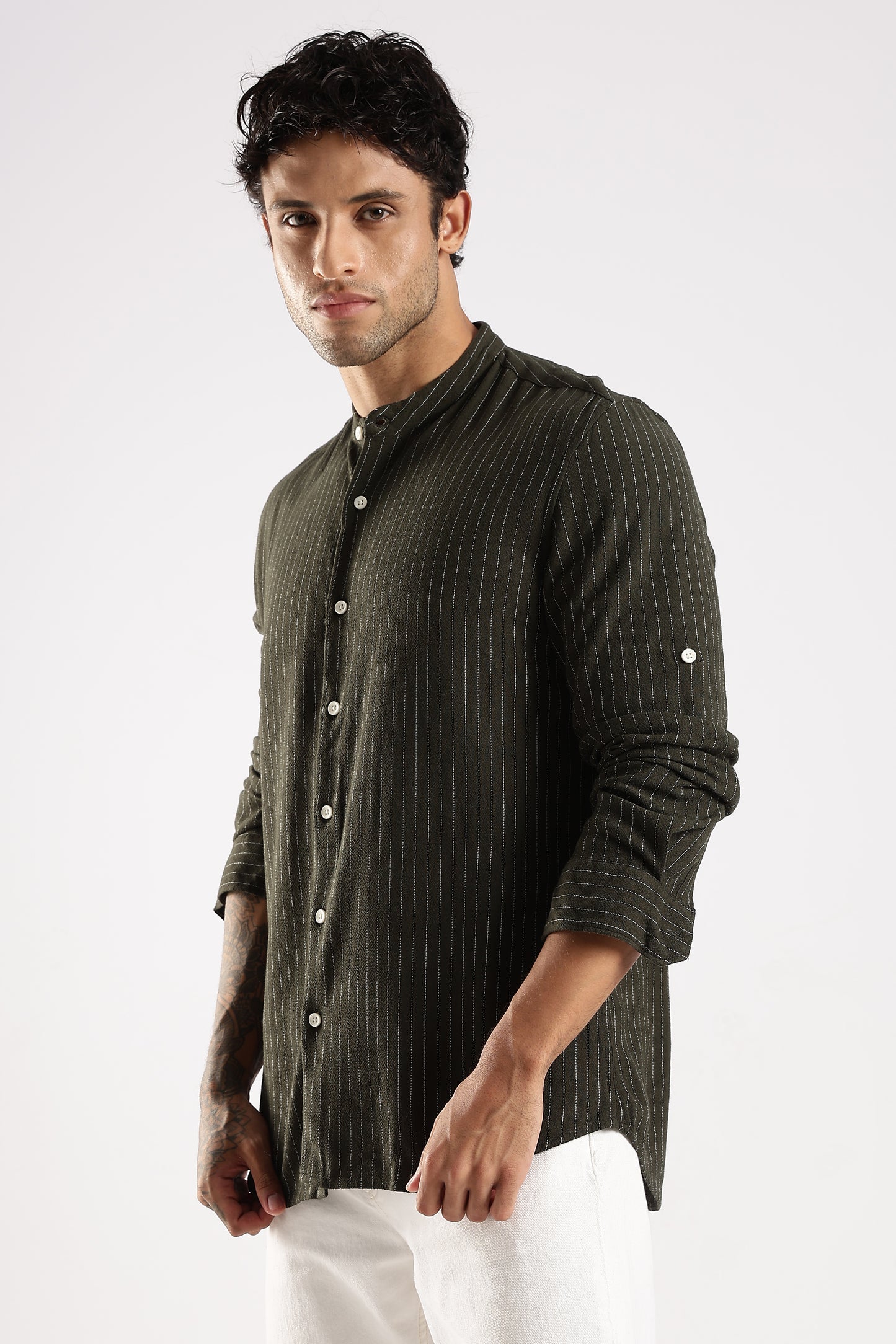 Linen Blend Slim Fit Striped Shirt Green