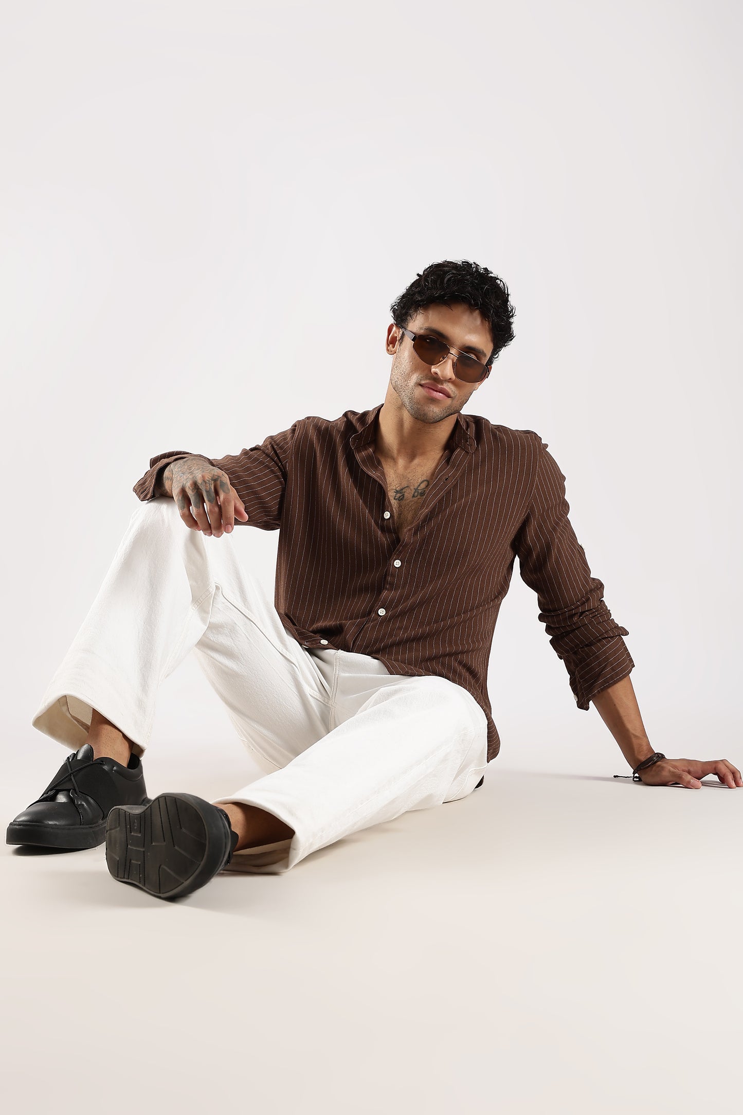 Linen Blend Slim Fit Striped Shirt Brown
