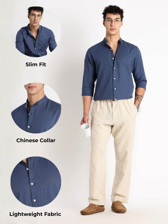 Cotton Linen Slim Fit Shirt Blue
