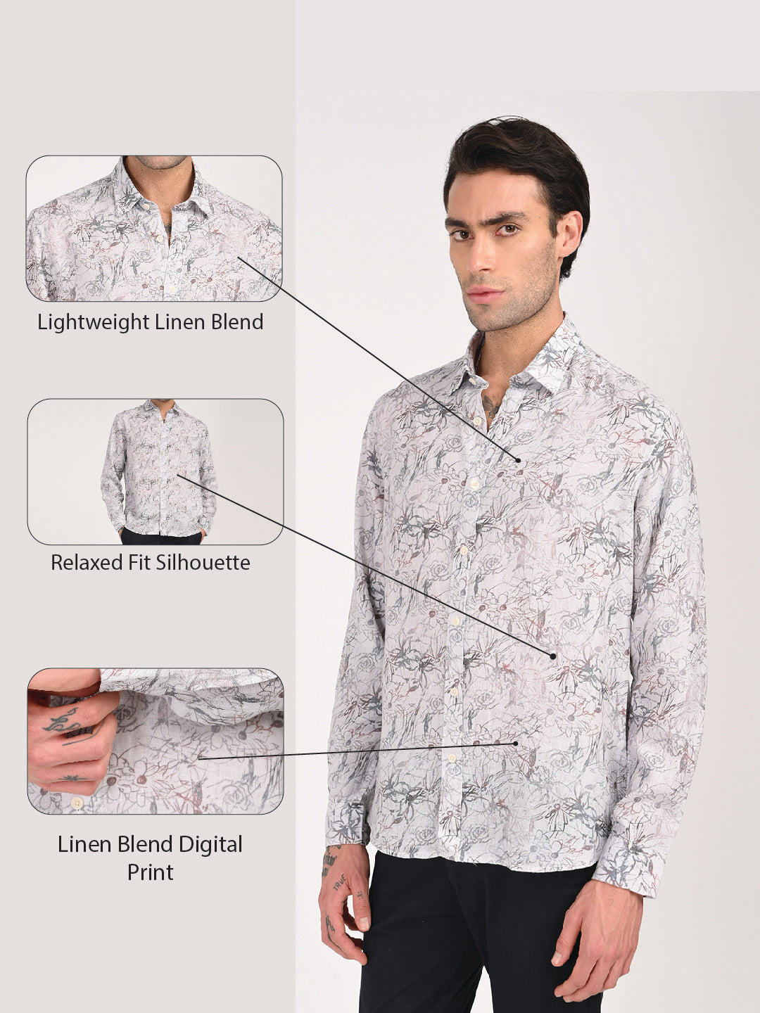 Digital Print Linen Blend Shirt White