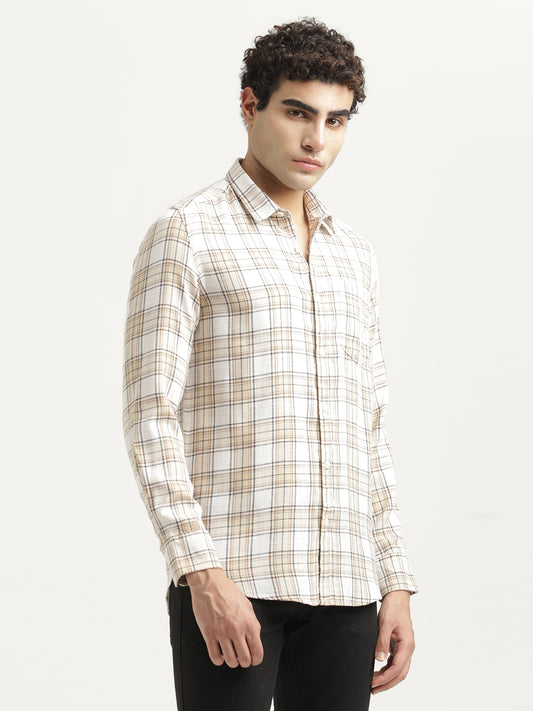 Checked Cotton-Linen Shirt Cream